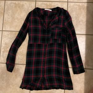 Plaid button-down, long sleeve mini dress